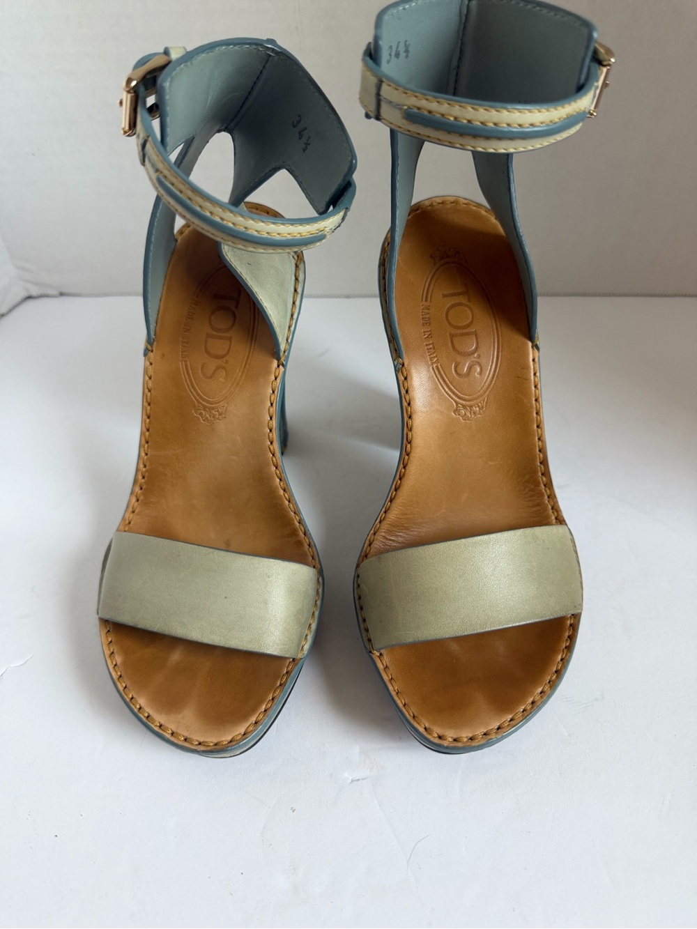 TOD'S Two-Tone Light Blue and Cream Leather Ankle-Strap Heels